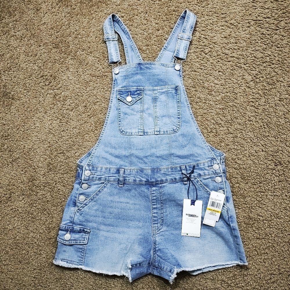 Wallflower Stretch Blue Jean Overall Shorts Shortalls Medium #S